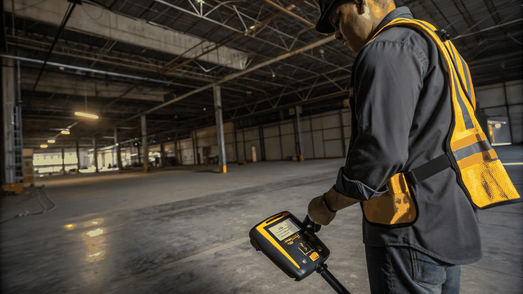 Technician operating acoustic leak listening equipment with specialized headphones