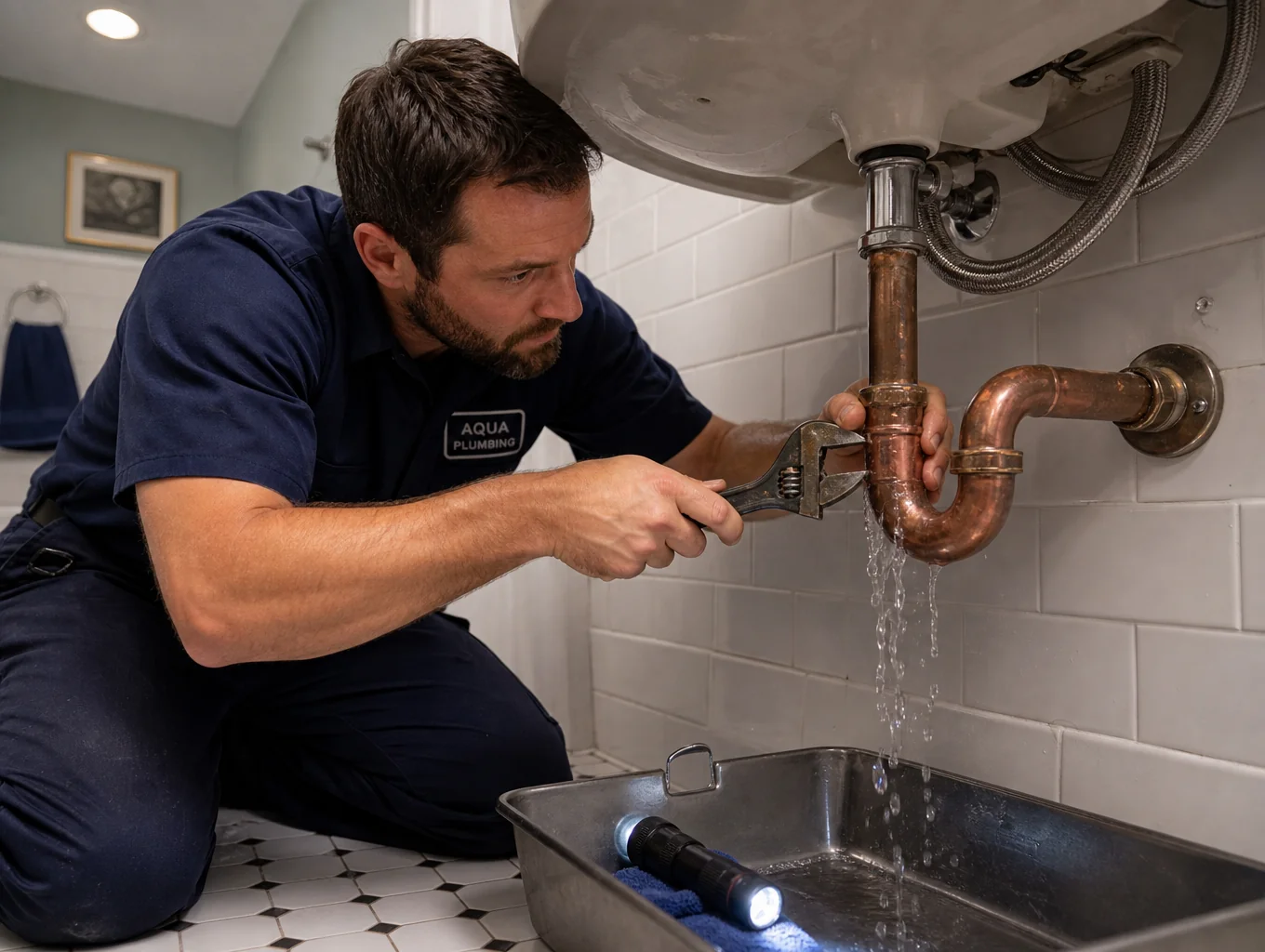 Professional plumber repairing broken cracked water pipe under residential sink