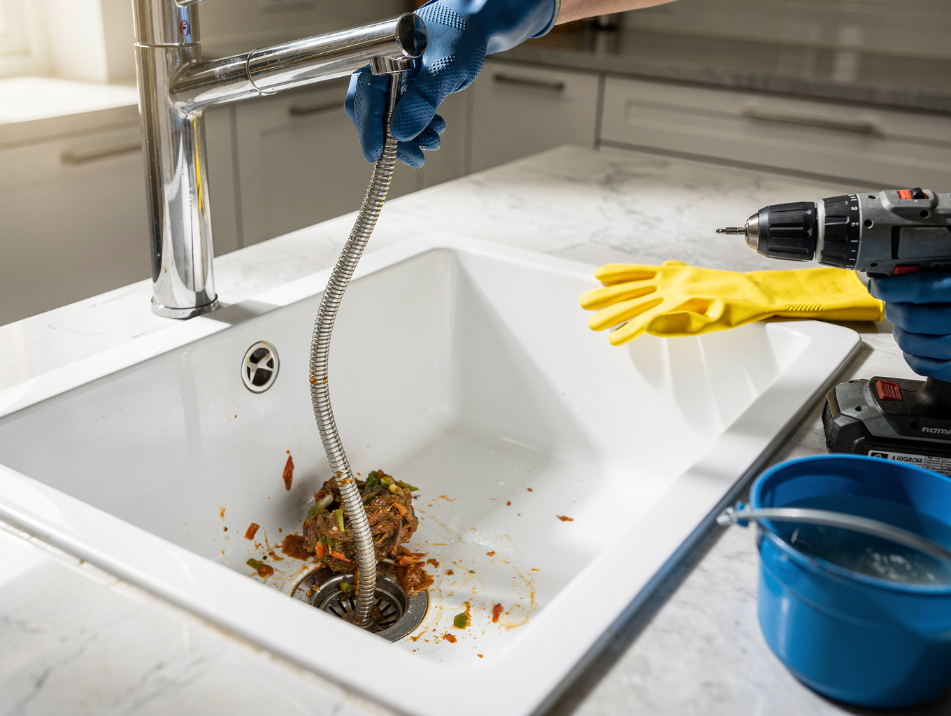 Professional plumber clearing a severe clogged kitchen sink drain and backed up water trap