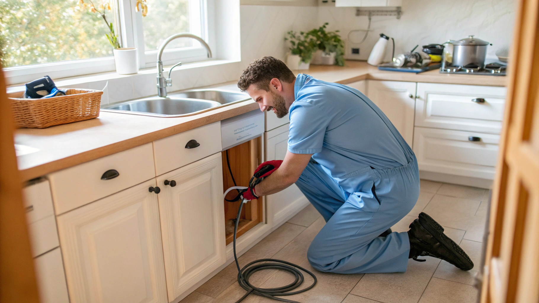 Plumber clearing standing water and inspecting a blocked sink drain trap