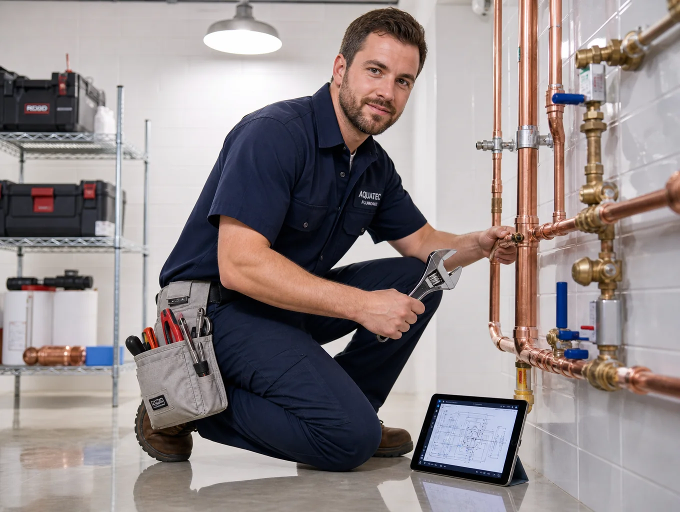 Professional Riverdale Plumbing Pros technician in command center uniform inspecting residential piping and water system