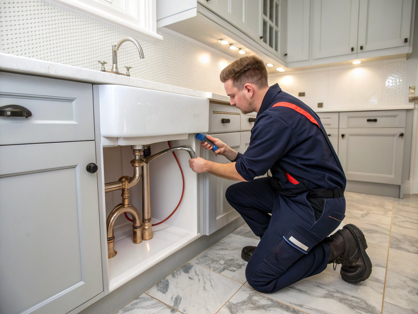 Plumber inspecting kitchen sink garbage disposal