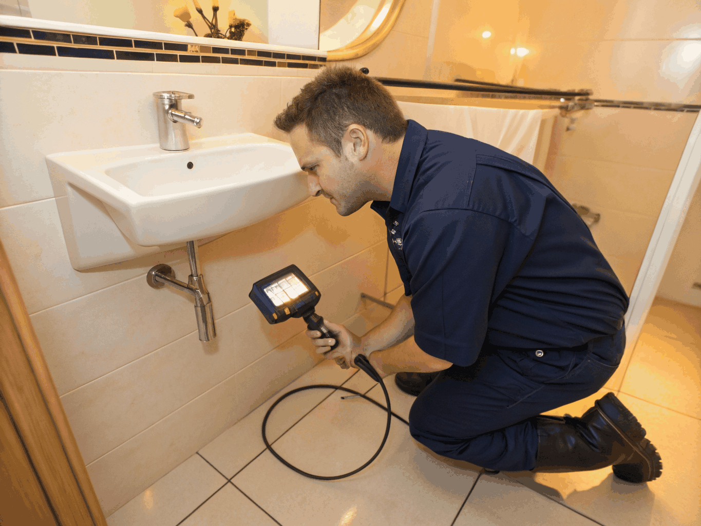 Plumbing specialist performing drain camera pipe diagnostic inspection