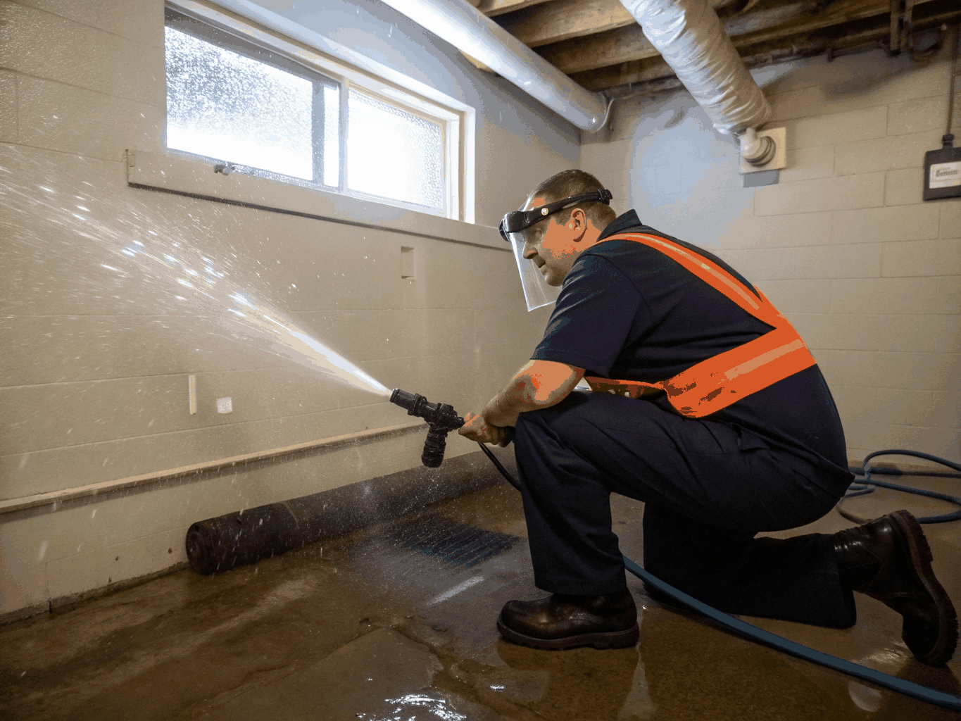 Plumber clearing residential drain with professional equipment