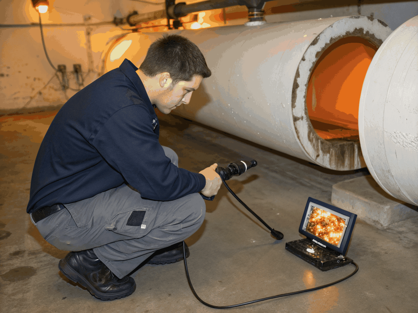 Plumber using video inspection equipment for slow drain