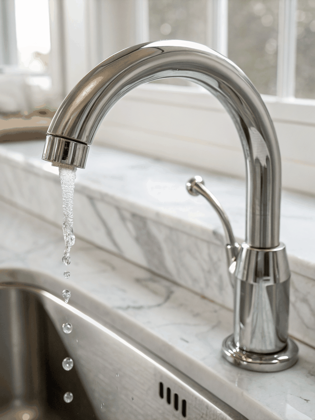 Close-up of a dripping chrome faucet with water droplet forming at the spout