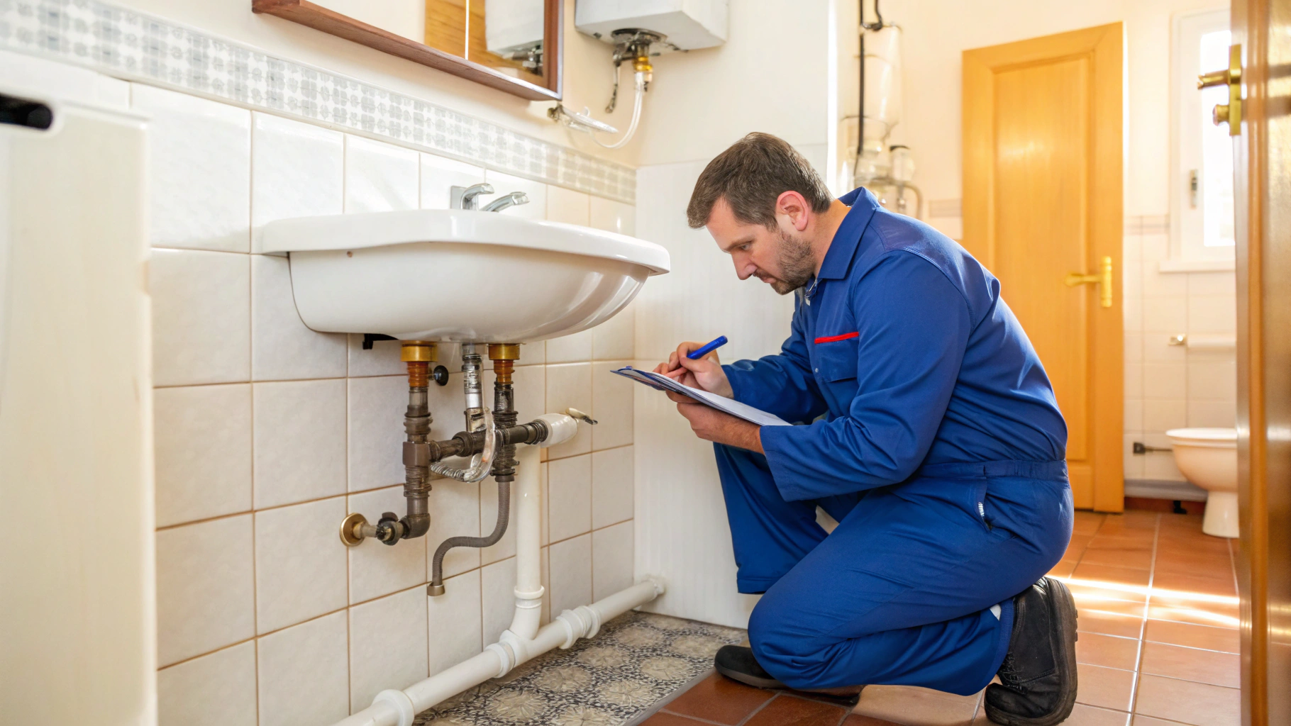 Plumbing technician checking digital pressure gauge and non-toxic dye solution