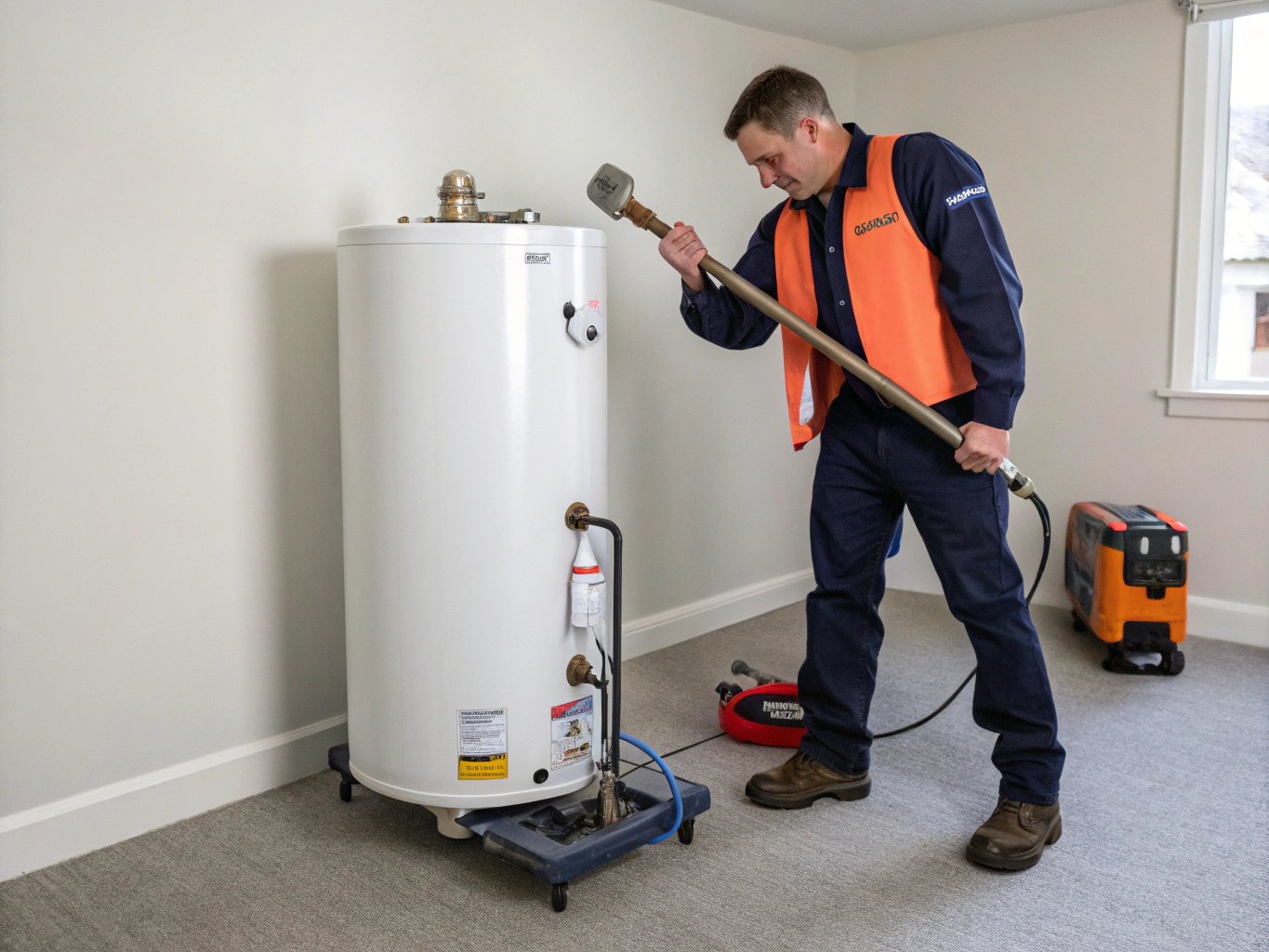 Experienced plumber servicing an electric water heater tank heating element and electrical controls