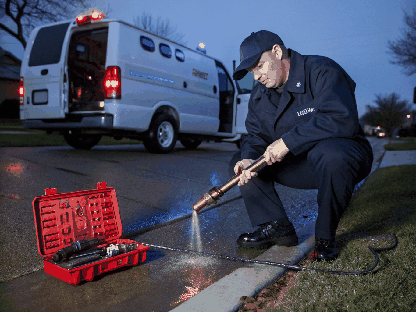Emergency plumbing technician operating heavy water extraction and drying pump equipment during home flooding