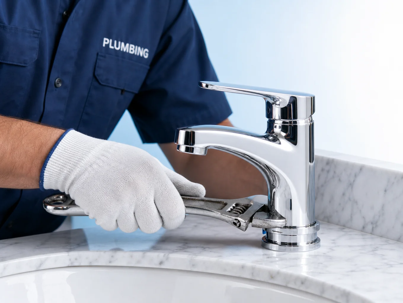 Technician repairing modern kitchen sink faucet