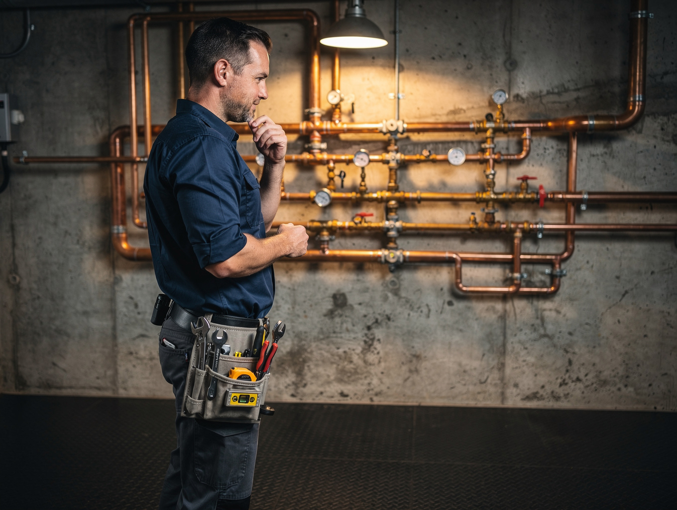 Plumber inspecting a frozen copper pipe in a crawlspace