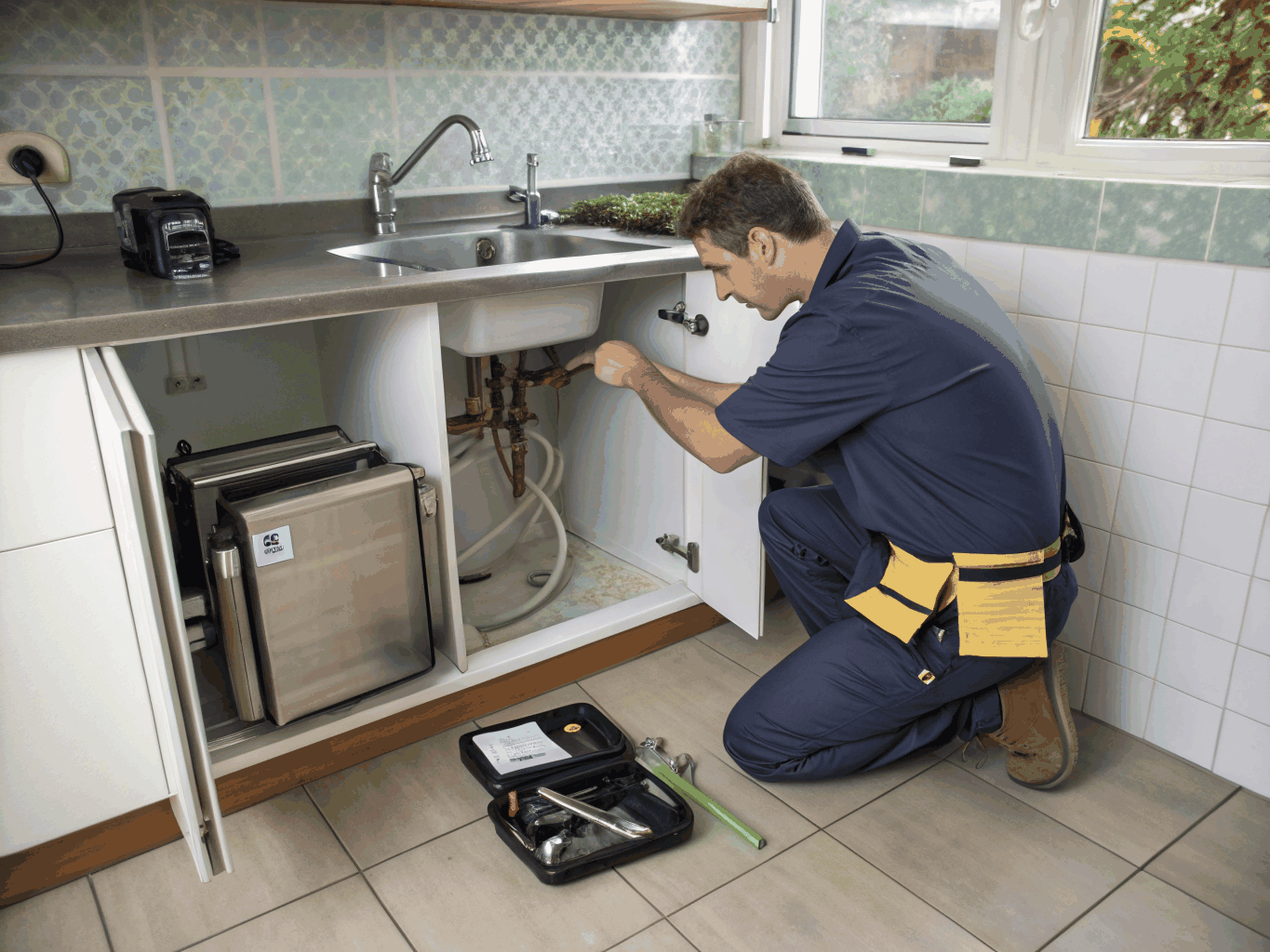 Plumber inspecting garbage disposal under kitchen sink