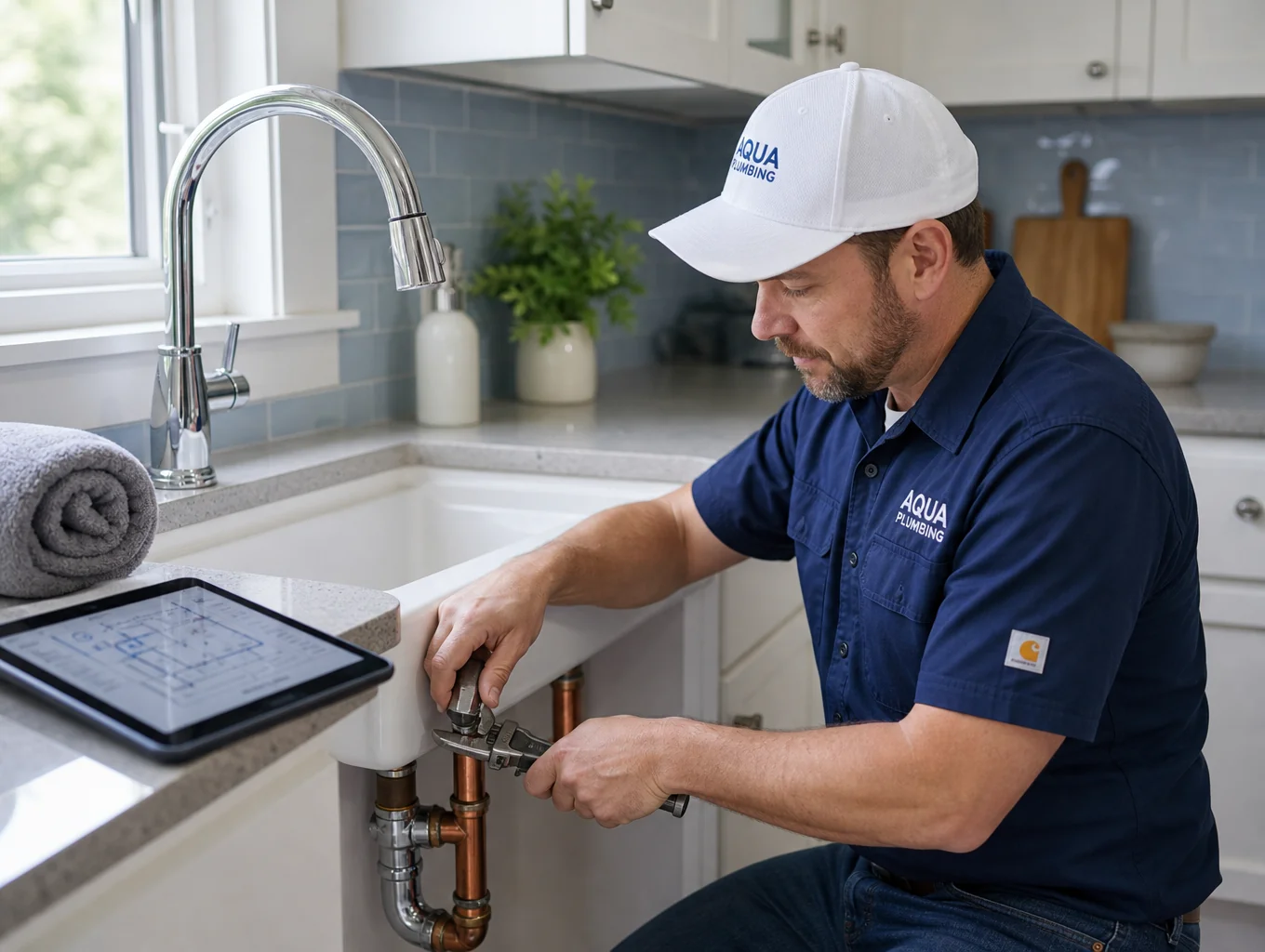 Plumbing technician servicing and repairing a modern garbage disposal unit under a kitchen sink