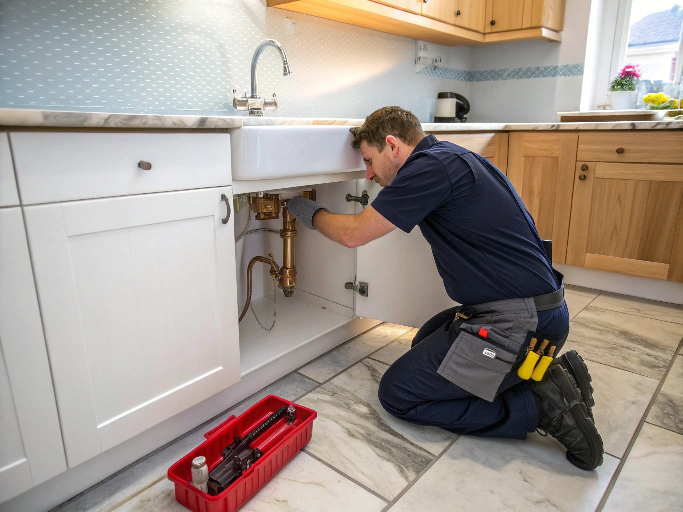 Plumber troubleshooting and repairing a garbage disposal unit under a kitchen sink