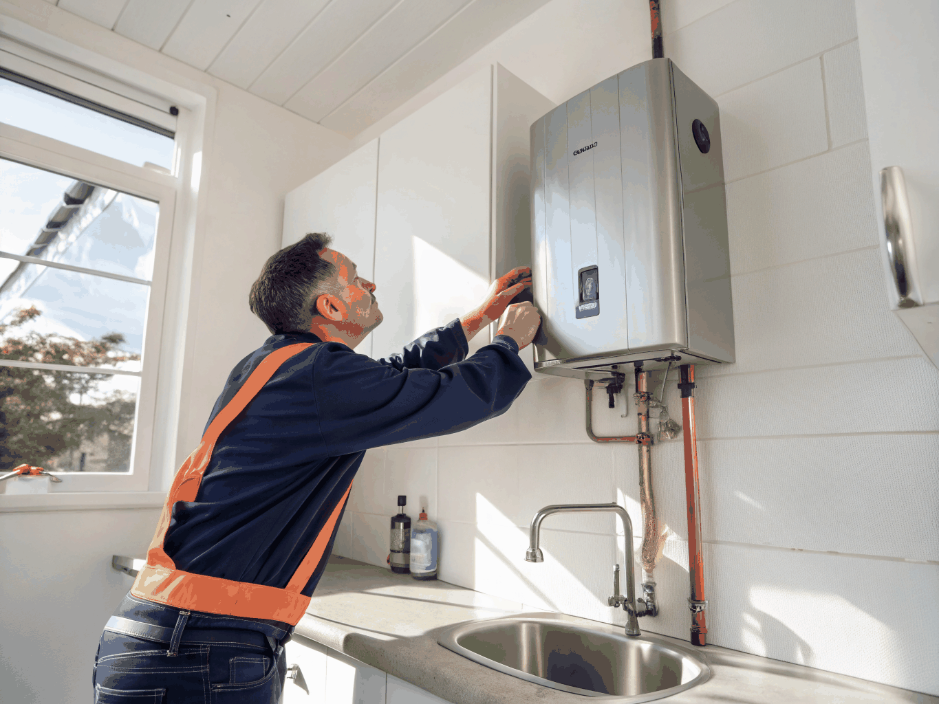 Certified plumbing technician inspecting and repairing a residential gas water heater