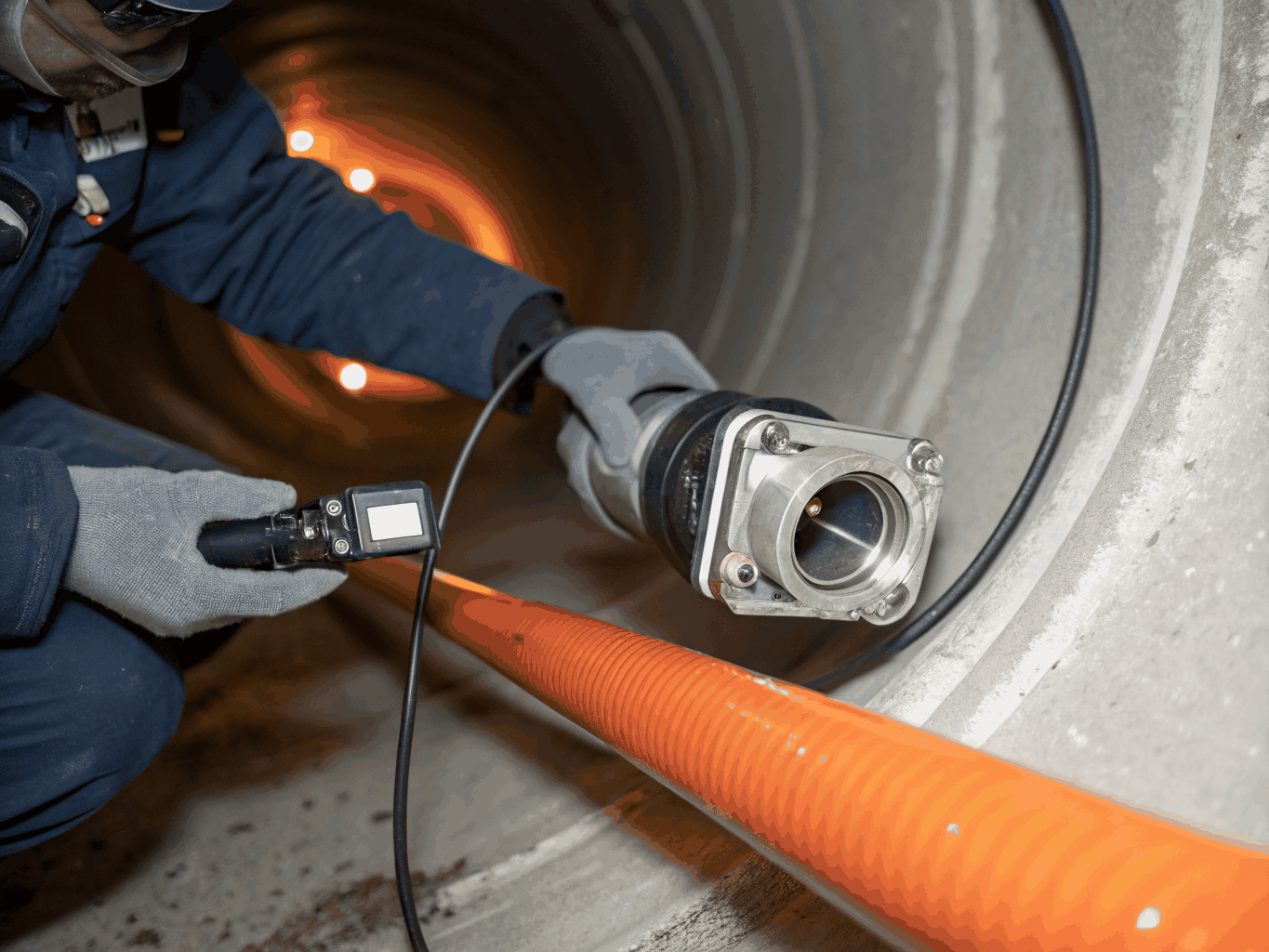Professional plumber using a specialized camera diagnostic tool to inspect a gurgling drain pipe
