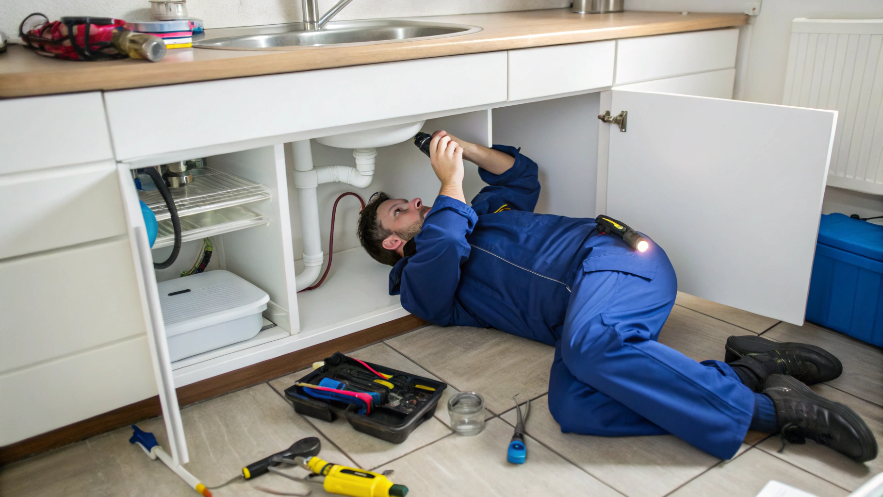 Plumber diagnosing under-sink drain pipe and garbage disposal