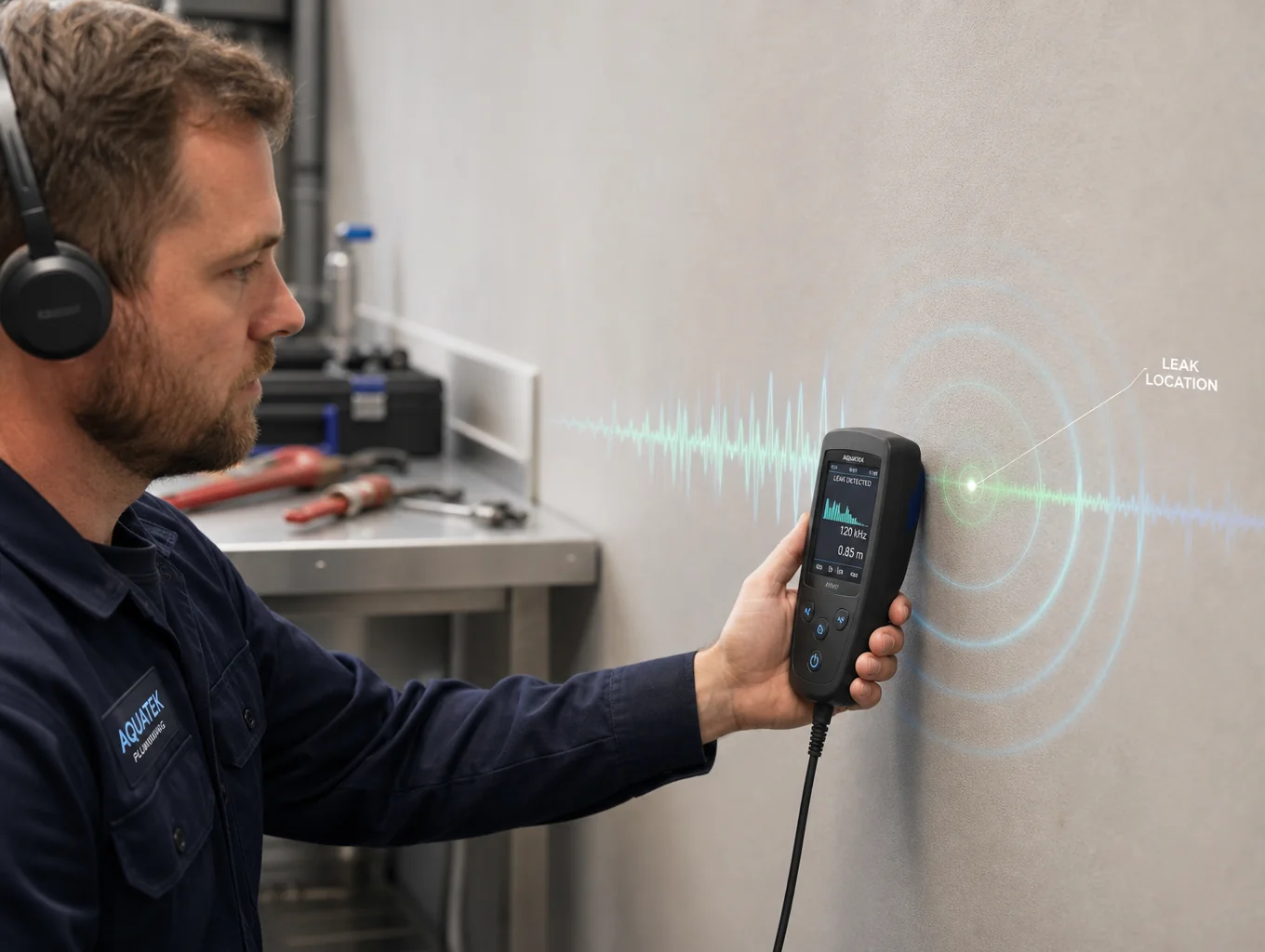 Plumbing technician using digital leak detection sensors