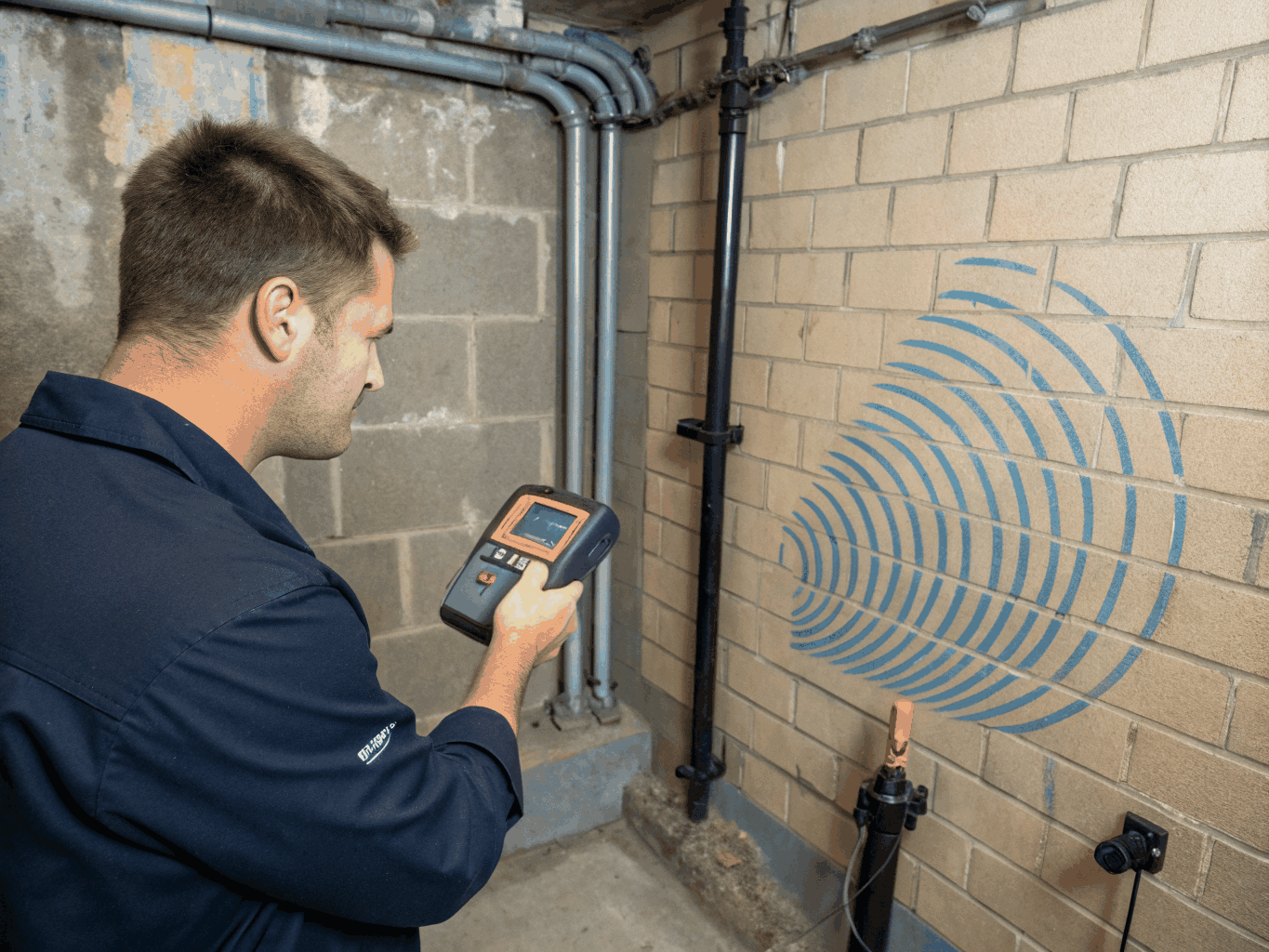 Plumber checking for underground pipe leaks with detection tools