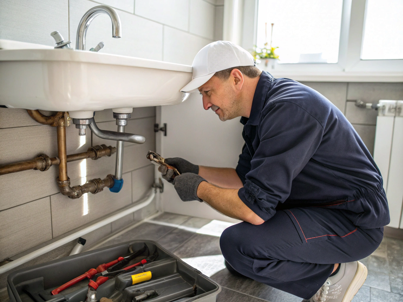 Plumbing technician inspecting faucet components for leaks