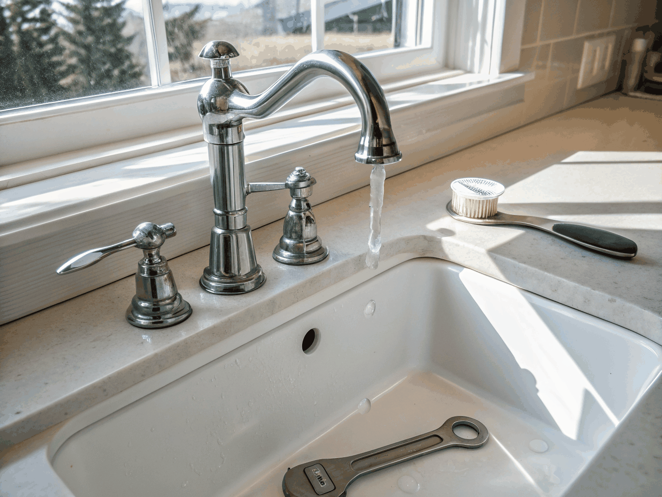 Plumbing technician diagnosing damaged kitchen faucet fixture and leak repair