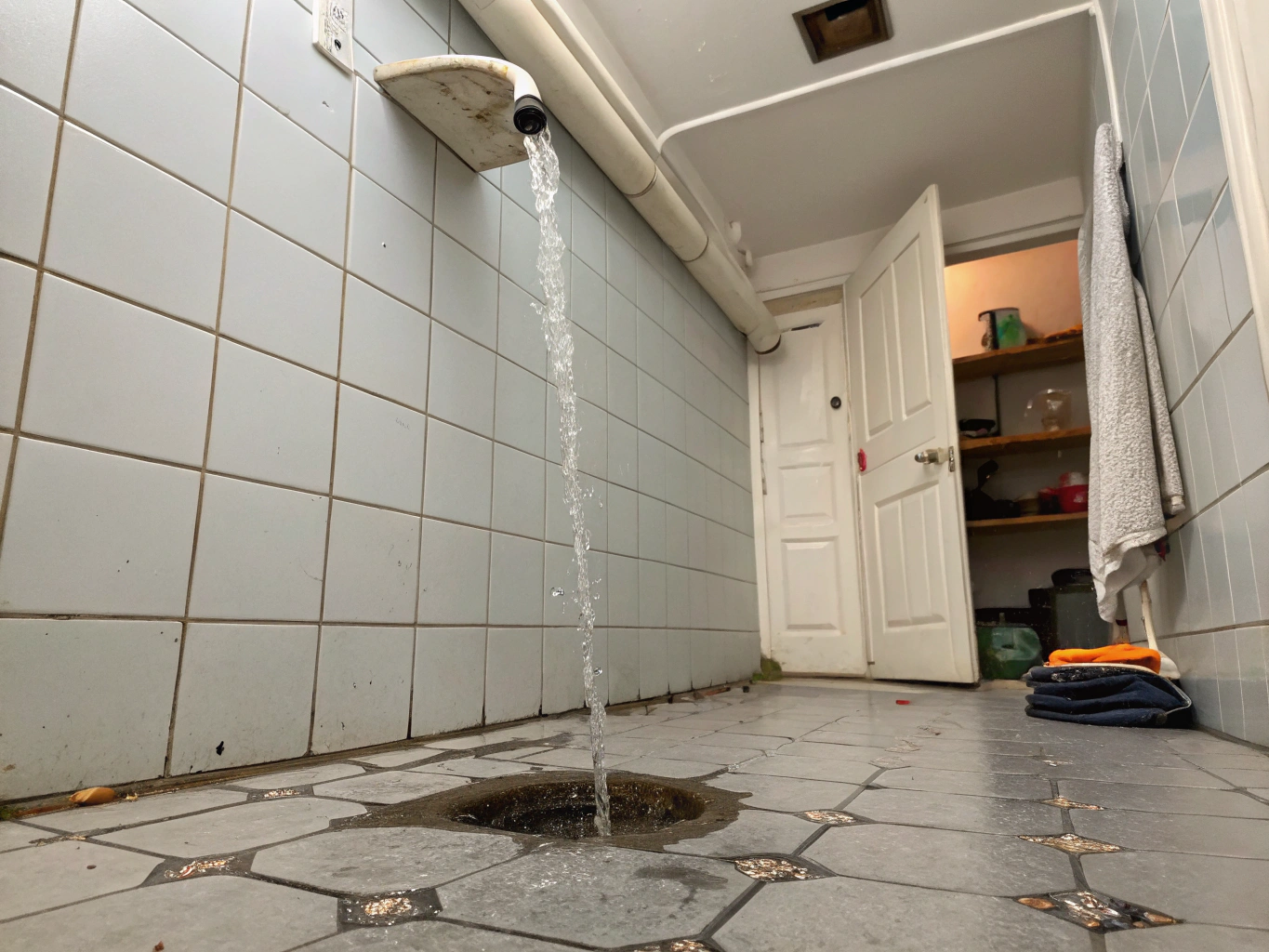 Water leaking around a residential toilet base and tank on a bathroom tile floor