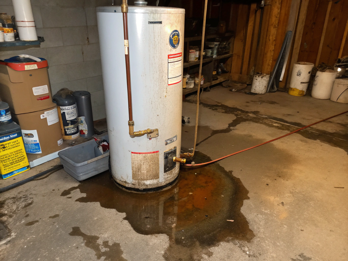 Leaking residential water heater tank with water pooling on the floor
