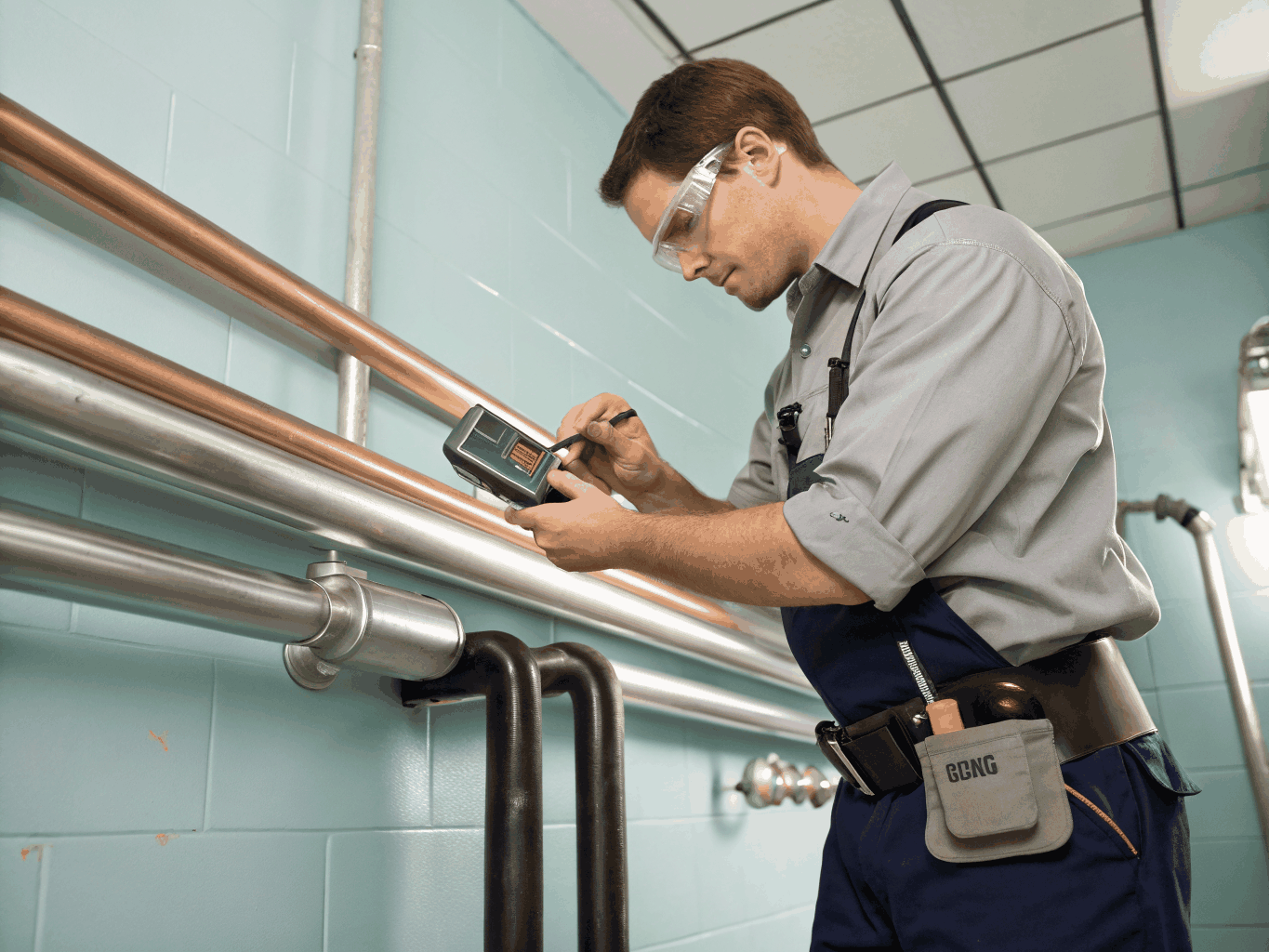 Plumbing technician inspecting water line pressure gauge and PRV valve