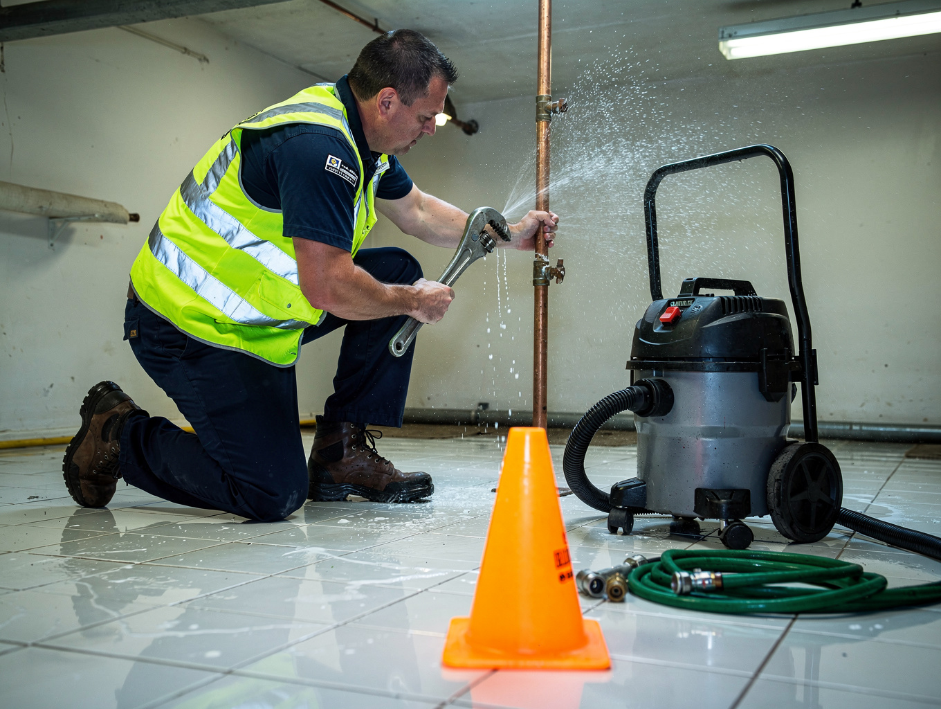 Emergency plumbing technician performing rapid water leak mitigation and pipe repair