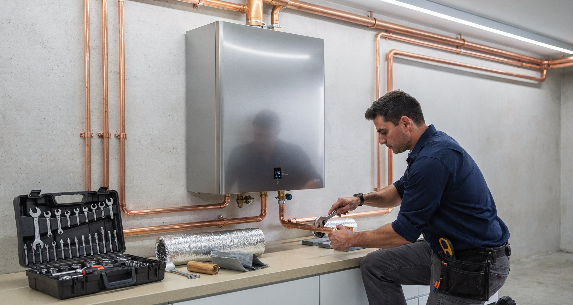 Experienced plumber performing a high-efficiency tankless water heater installation