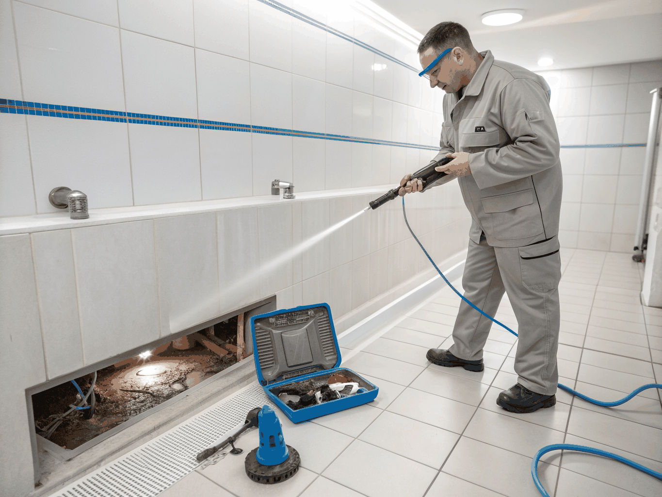 Plumbing technician troubleshooting multiple clogged drains and main sewer line backup in a residential home