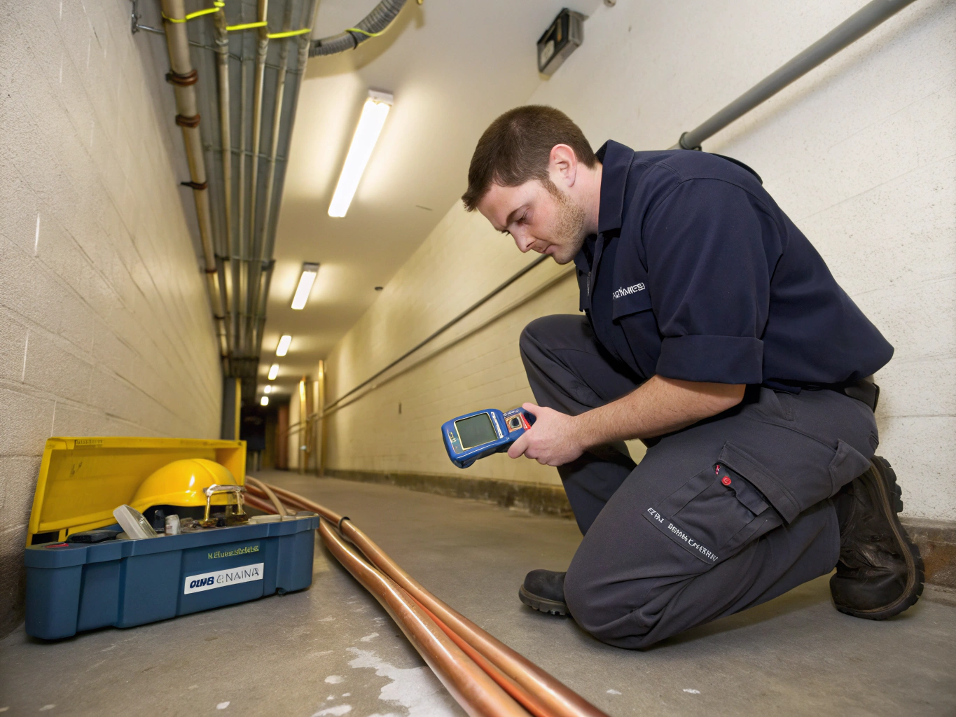 Plumbing technician inspecting indoor pipe joints for water leakage