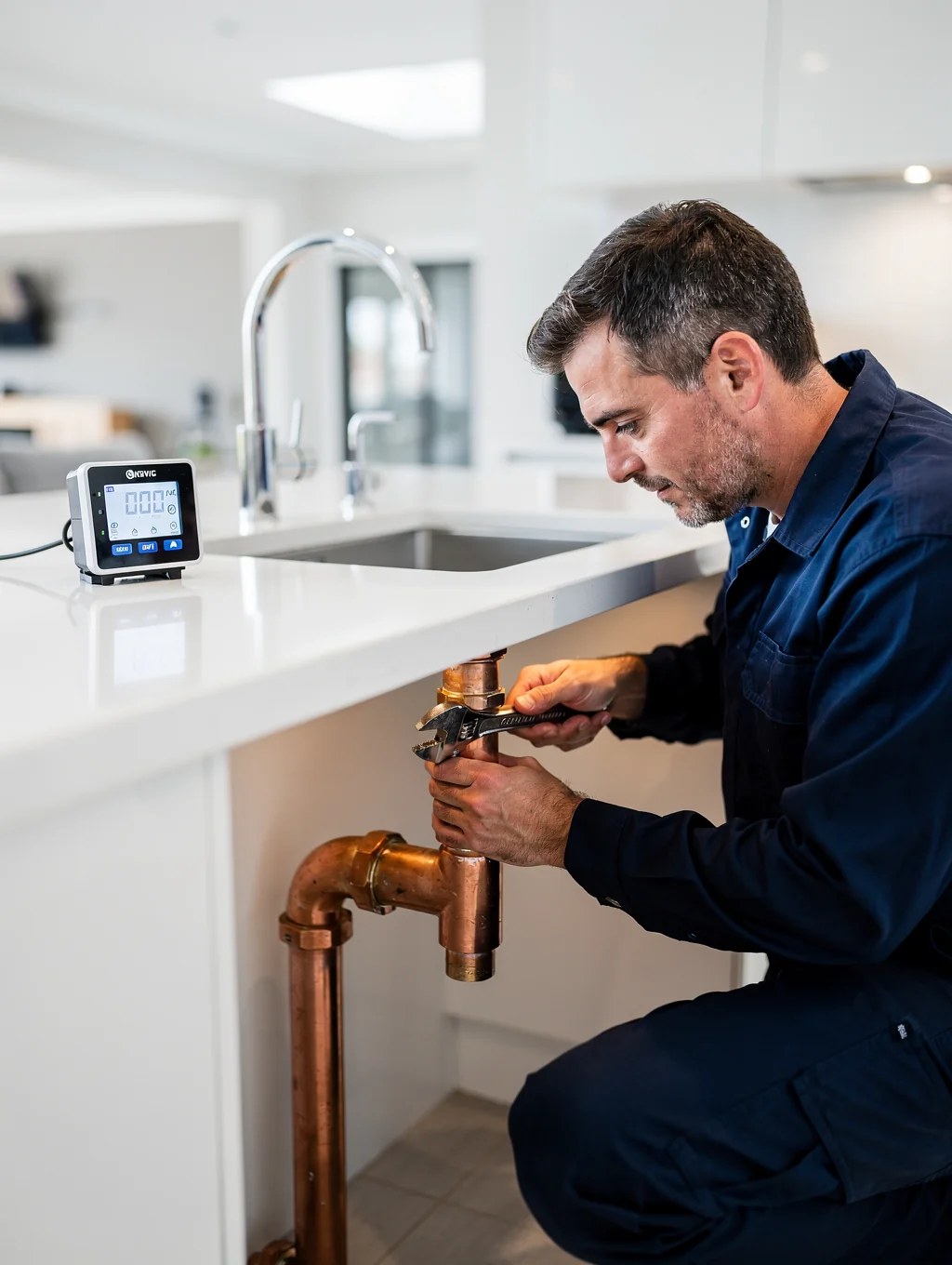 Plumber installing new PEX and copper pipes during home repiping work