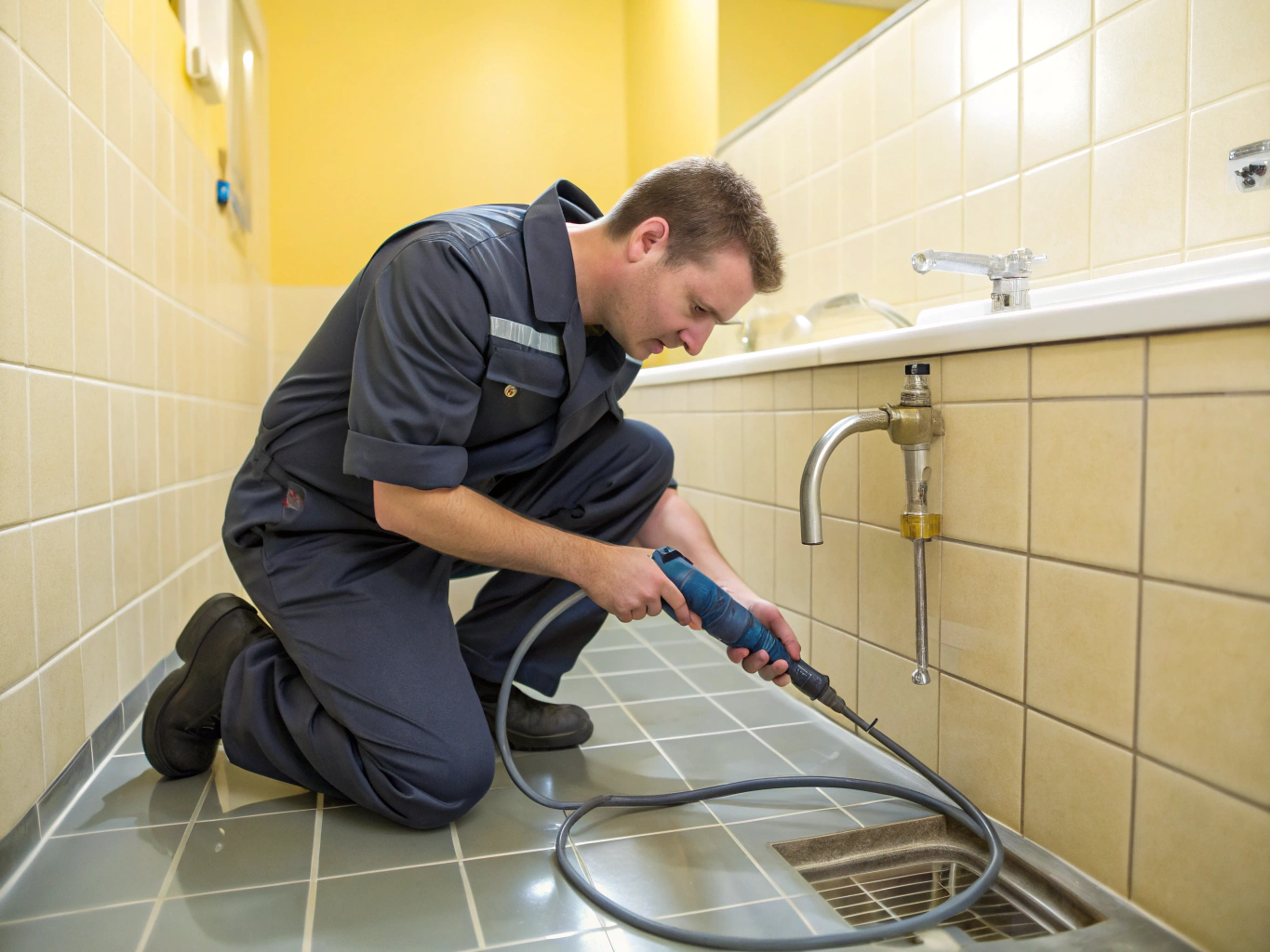 Plumbing technician performing thorough drain cleaning service