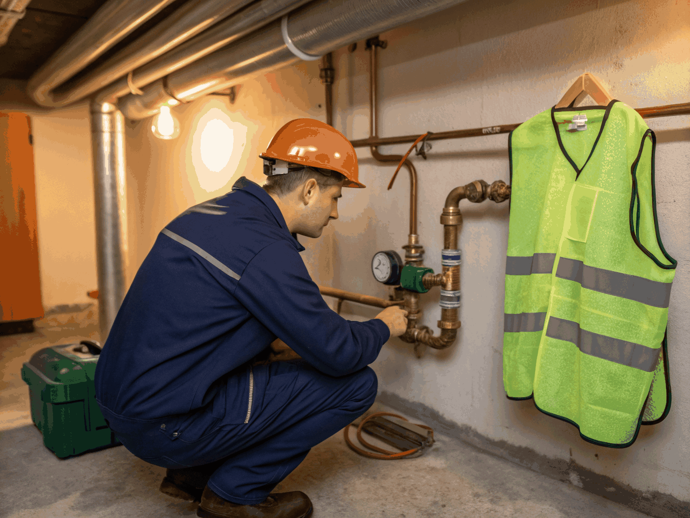 Licensed plumbing technician performing digital water pressure testing and emergency main shutoff valve inspection