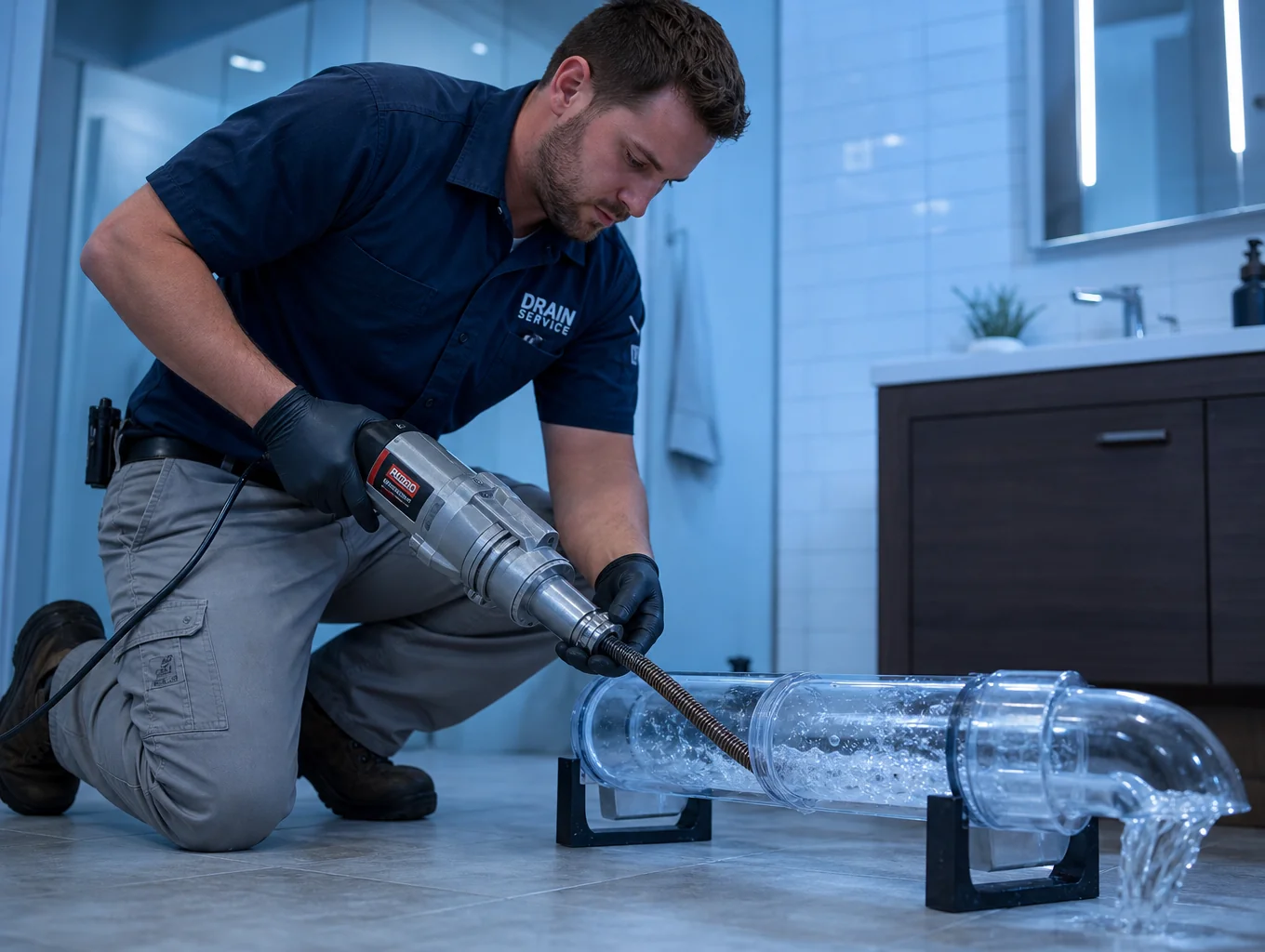 Professional plumber operating motorized drain cleaning snake equipment to clear pipe obstruction