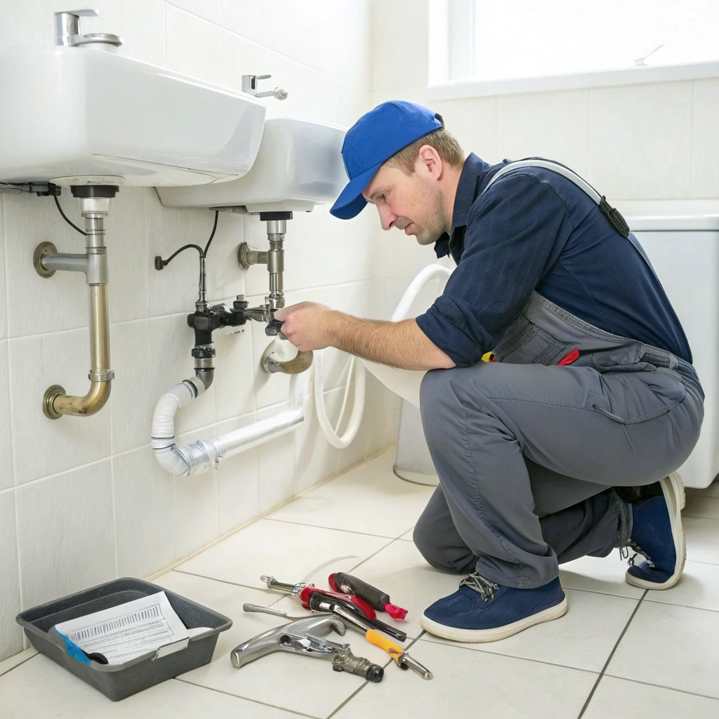 Professional plumber inspecting and repairing residential toilet mechanism