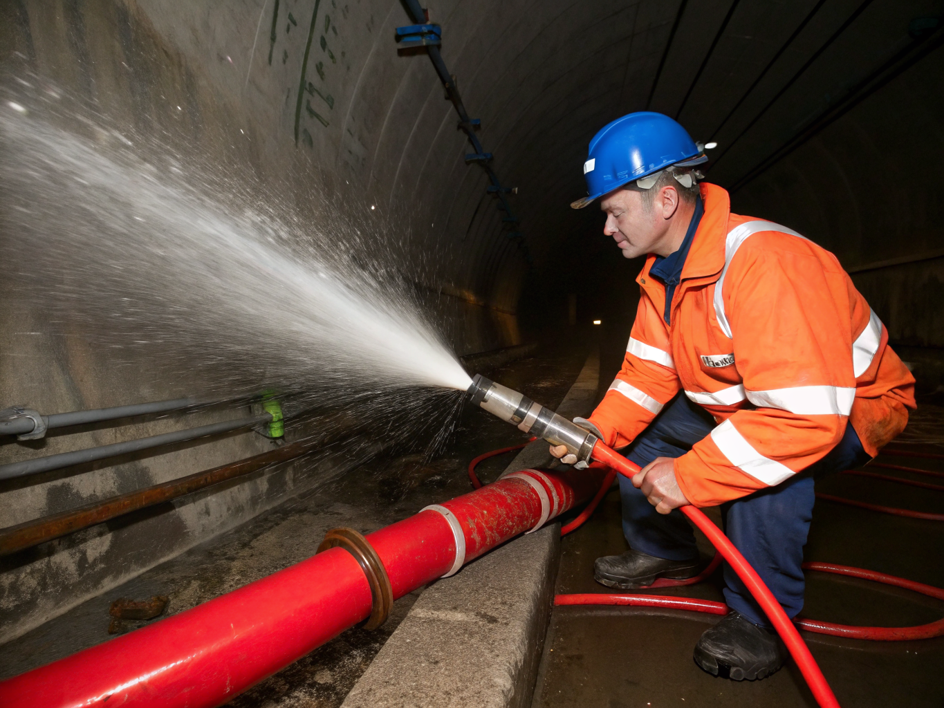 Emergency plumbing technician equipped with advanced sewer extraction and hydro-jetting gear
