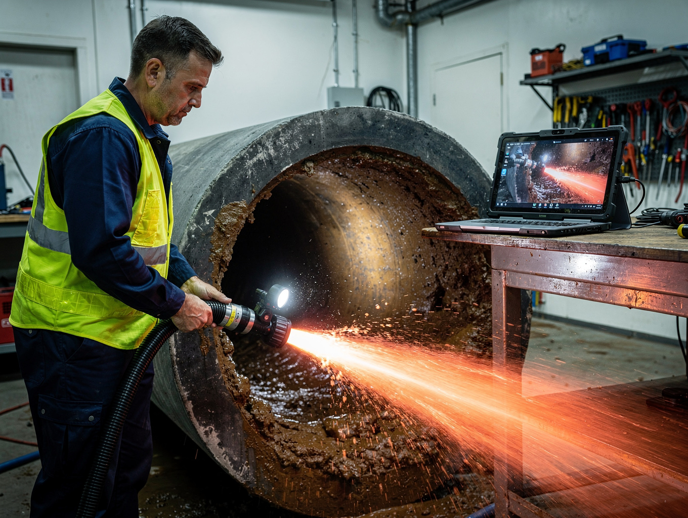 Plumbing technician conducting a high-resolution video camera inspection inside a residential sewer line to detect odor breaches