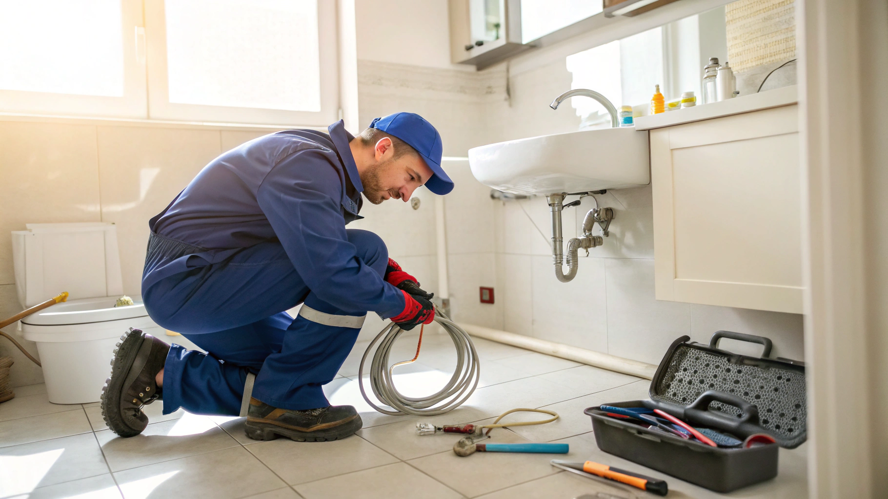 Licensed plumber clearing a stubborn clogged shower drain in a residential bathroom