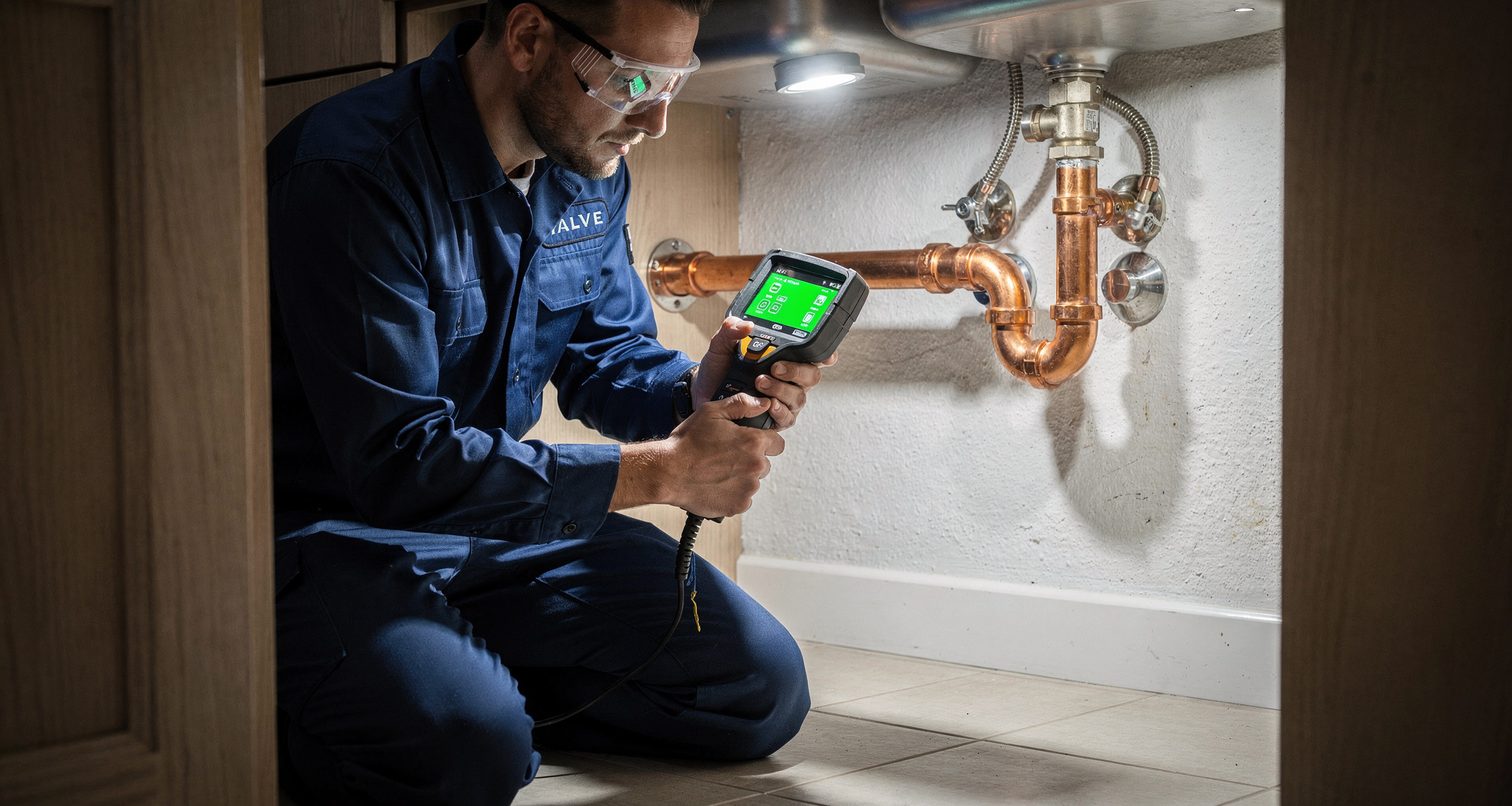 Plumbing technician troubleshooting and repairing a shower cartridge valve assembly