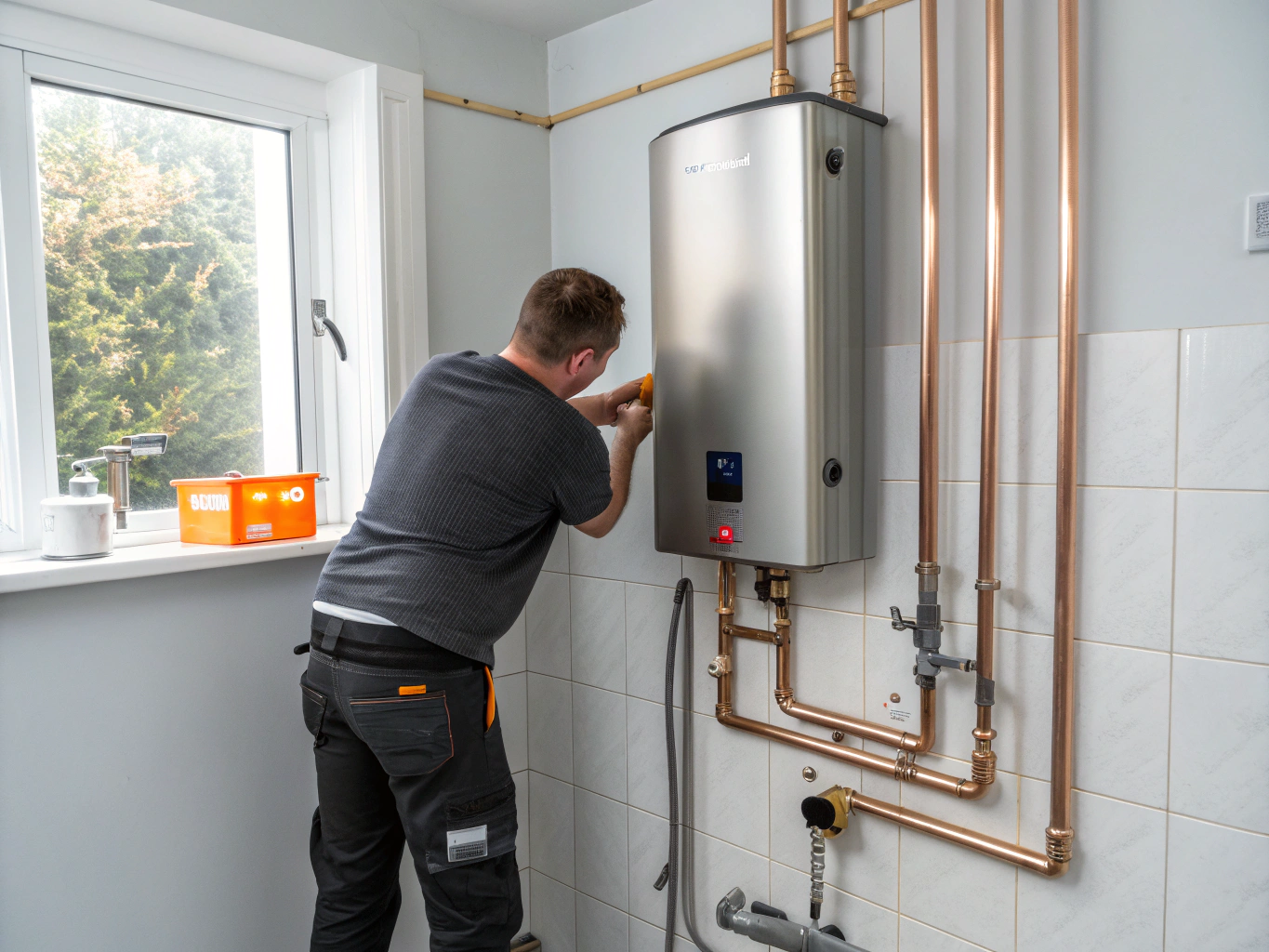 Sleek modern tankless water heater unit professionally installed on utility wall