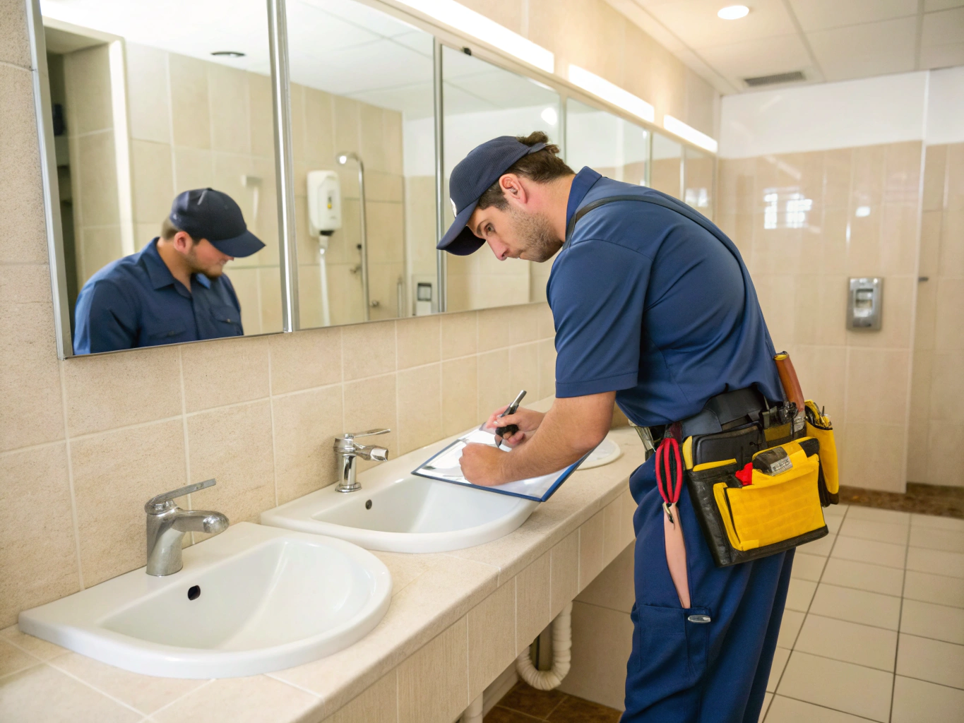 Slow draining bathroom sink with standing water and plumber diagnostic tool
