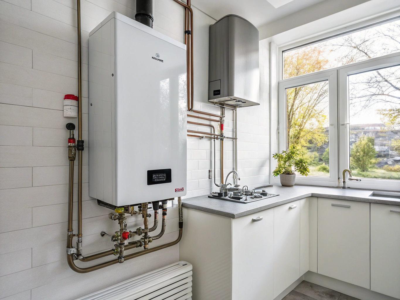 Modern tankless water heater wall installation in residential home