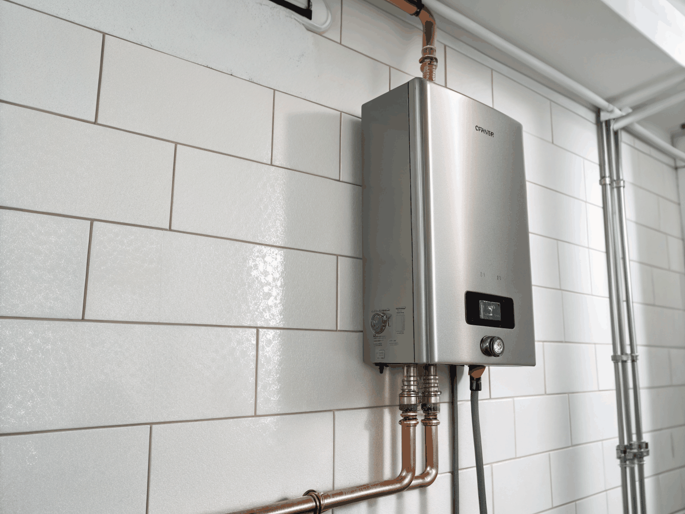 Modern tankless water heater wall mounted in residential basement