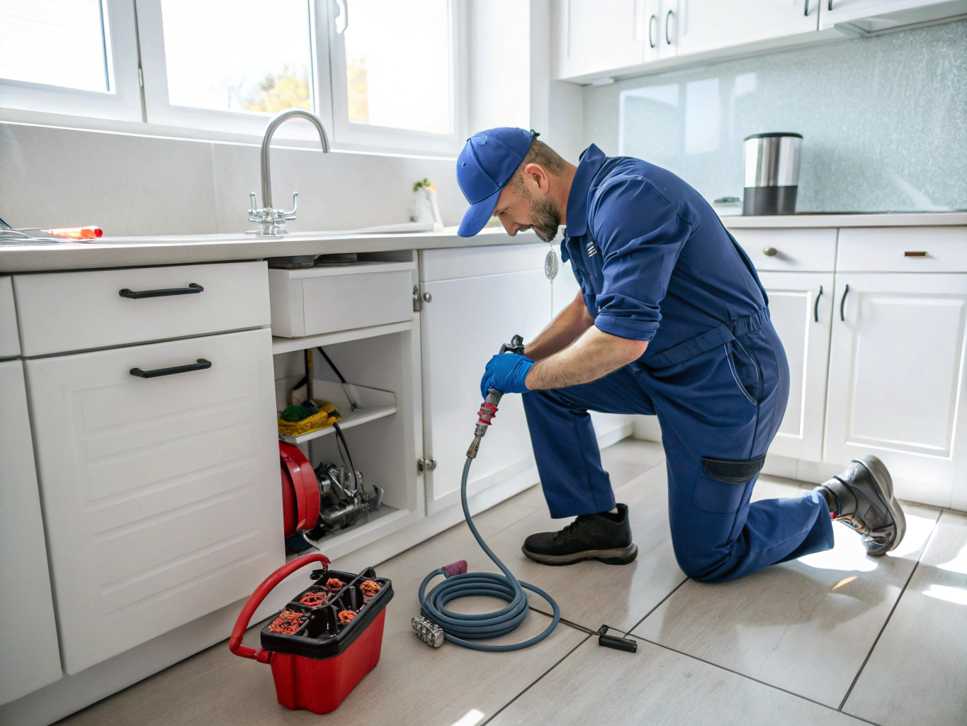 Plumbing technician using specialized motorized drain snake equipment to clear a residential clogged drain