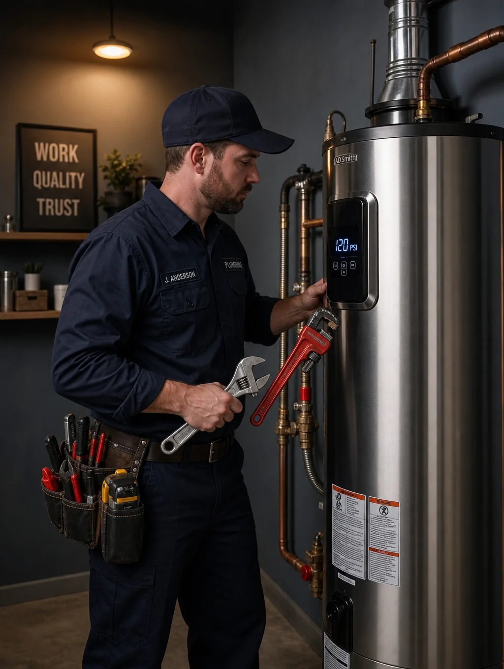 Licensed professional technician installing a new water heater unit in Riverdale GA