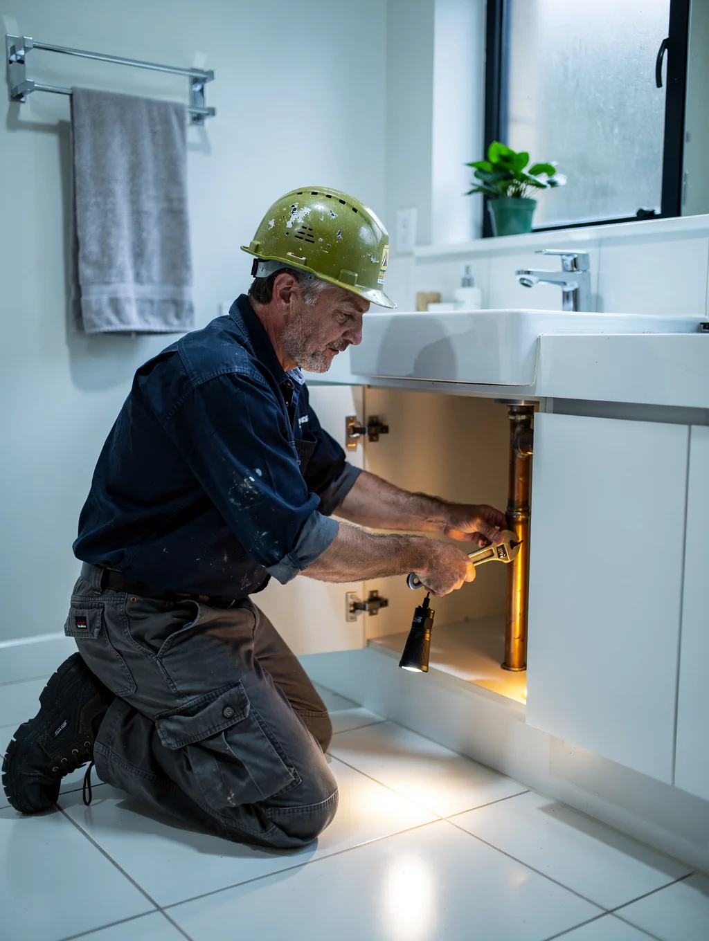 Professional technician performing active pipe repair and soldering work