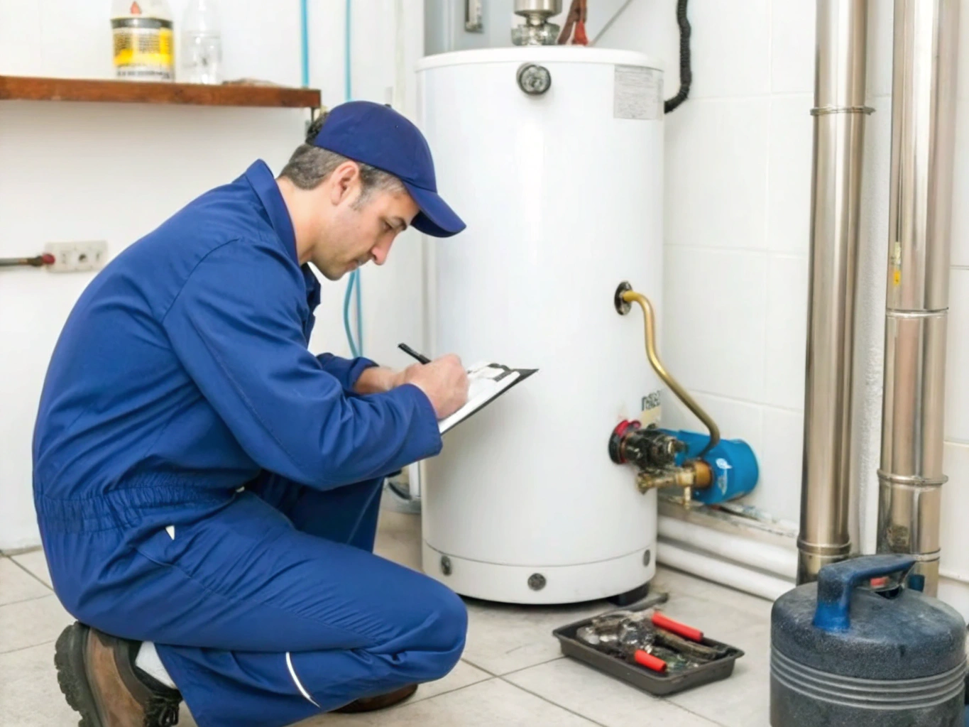 Plumbing technician inspecting and repairing a residential water heater in Riverdale GA