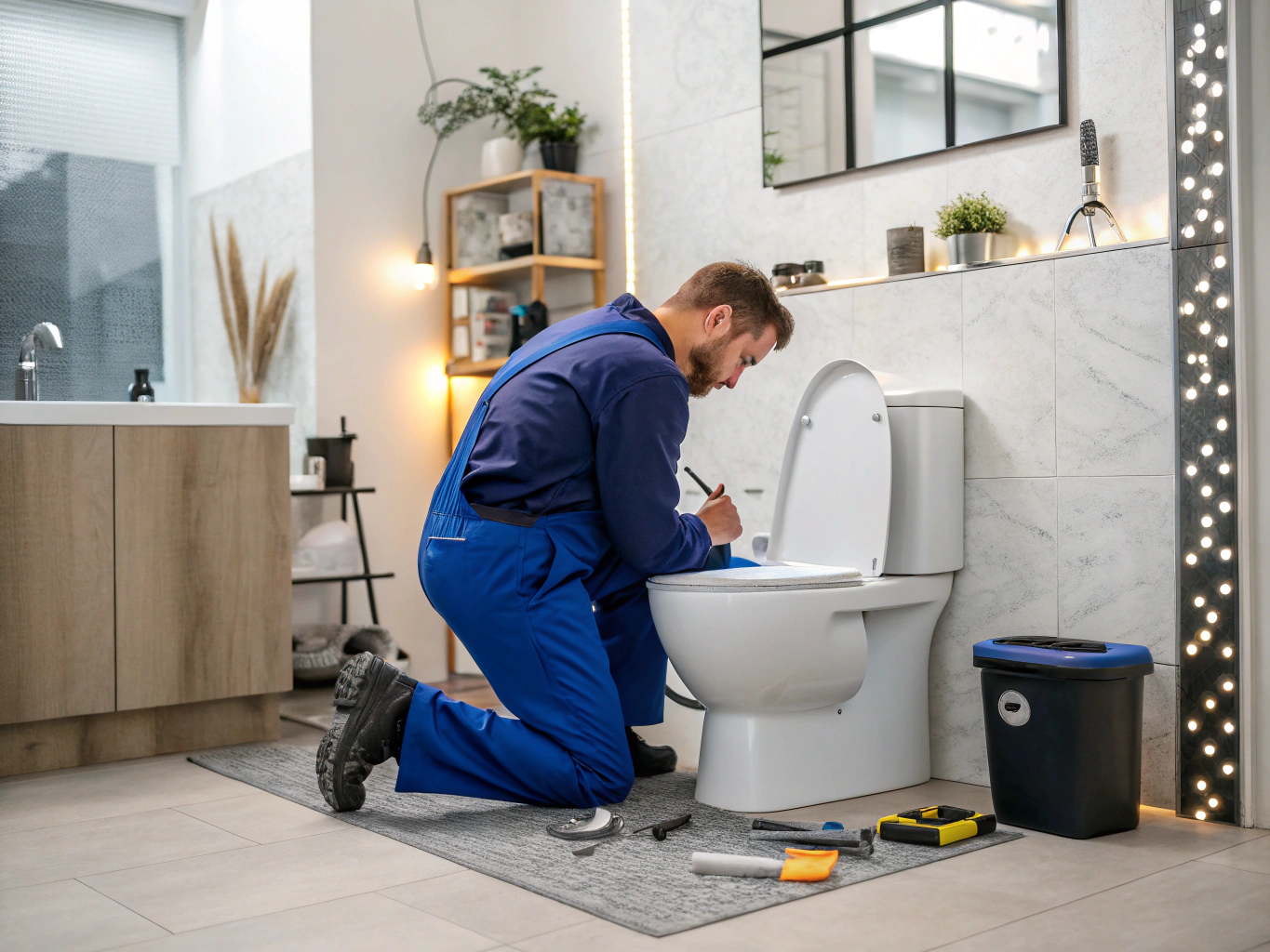Plumber inspecting toilet tank fill valve mechanism and water level components